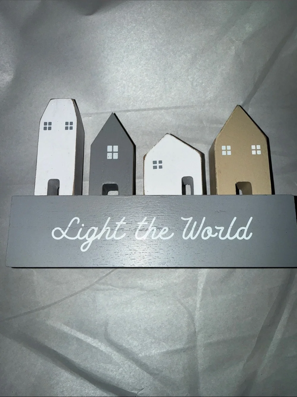Light the World Wooden House Mantel Decor - White, Gray, Tan Light the World